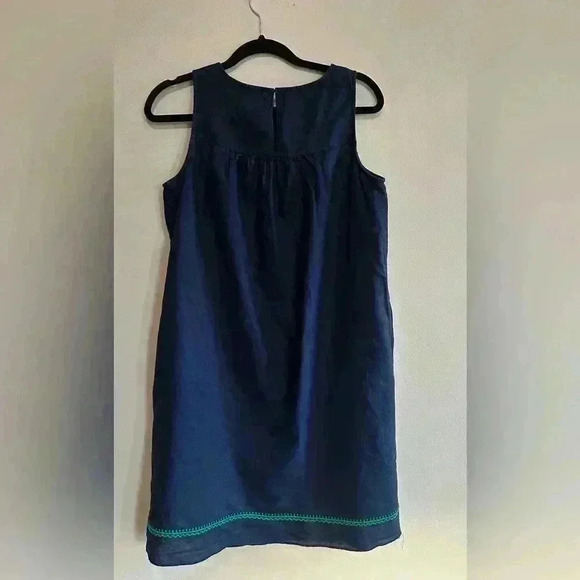 J Crew Factory Shift Dress Navy/Green Embroidered Linen Blend Pockets - Sz Small - Picture 3 of 12